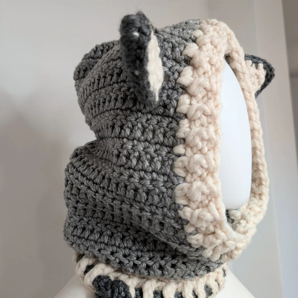 Handmade Crochet Gray & Cream Wolf Head Cowl Hood Scarf With Ears Beenie Hat